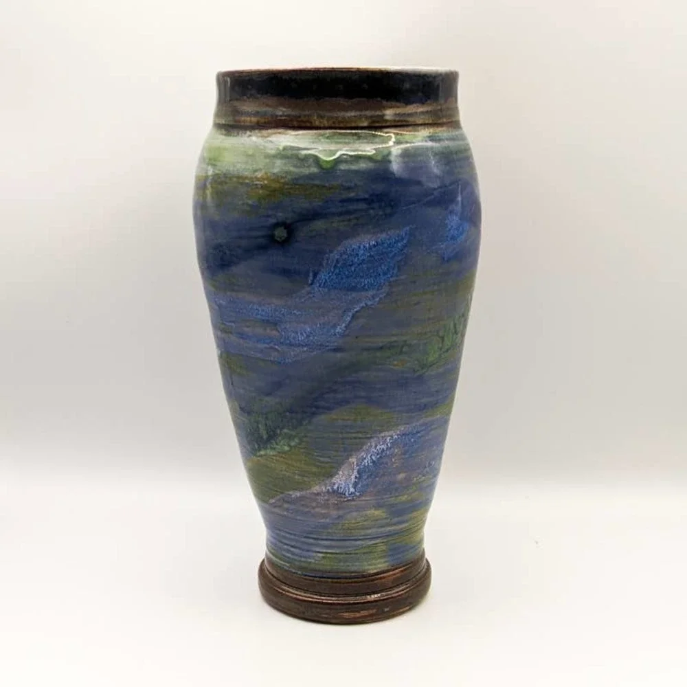Vintage Studio Pottery Vase with Blues Teals Greens Signed Cynthia Young